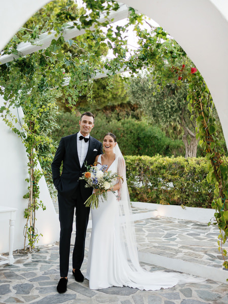 Elegant wedding portrait at Island Resort, iconic Athens Riviera wedding venue in Greece.