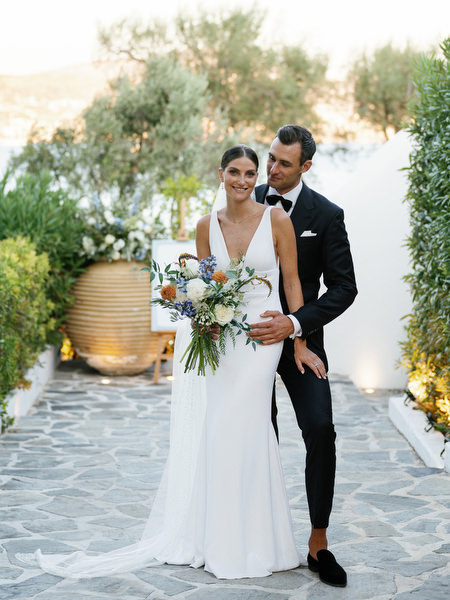 Romantic couple portrait at Island Resort, destination wedding on the Athens Riviera in Greece.