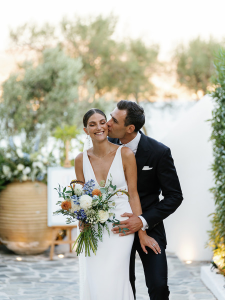 Golden hour wedding portrait at Island Resort, romantic Athens Riviera seaside wedding.