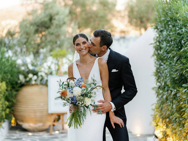 Romantic sunset portrait at Island Resort, iconic Athens Riviera wedding by the sea.
