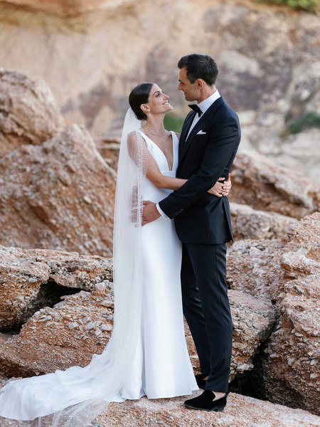 : Romantic coastal wedding portrait at Island Resort, destination wedding in Athens, Greece.