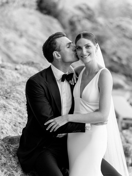Black and white seaside wedding portrait at Island Resort, timeless Athens Riviera destination wedding.