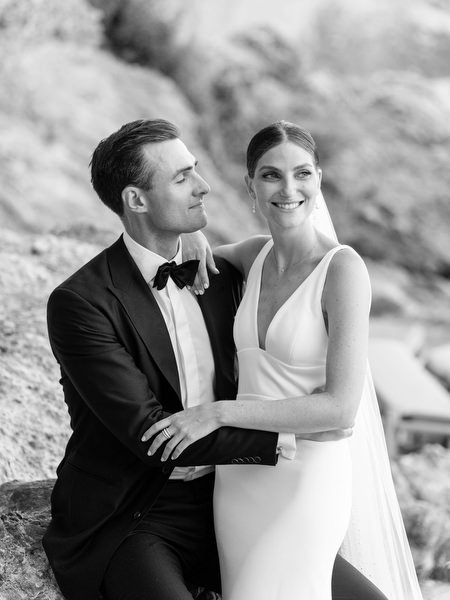 Intimate black and white couple portrait at Island Resort, luxury Athens seaside wedding.