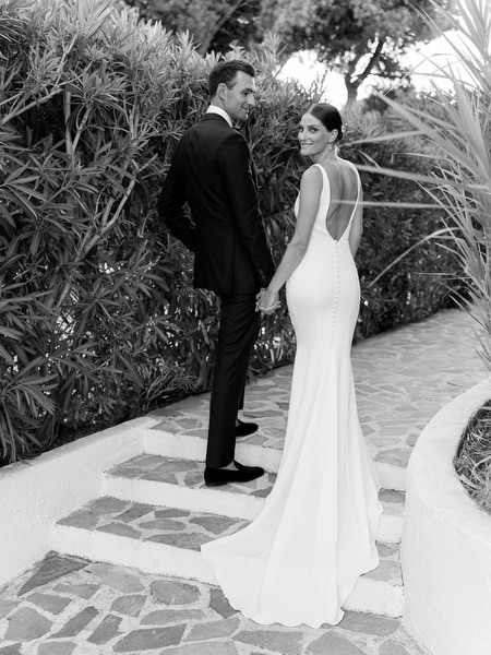 Artistic black and white wedding portrait at Island Resort, Athens Riviera destination wedding in Greece.