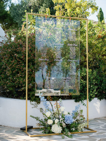 Wedding seating chart display at Island Resort, stylish Athens Riviera destination wedding reception.