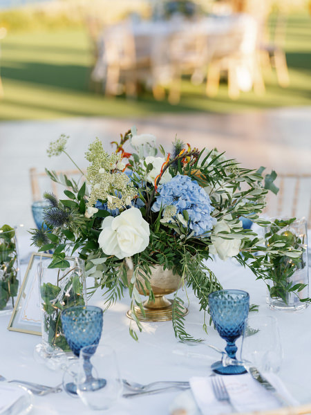 Wedding table styling at Island Resort overlooking the Aegean Sea, Athens Riviera reception decor.