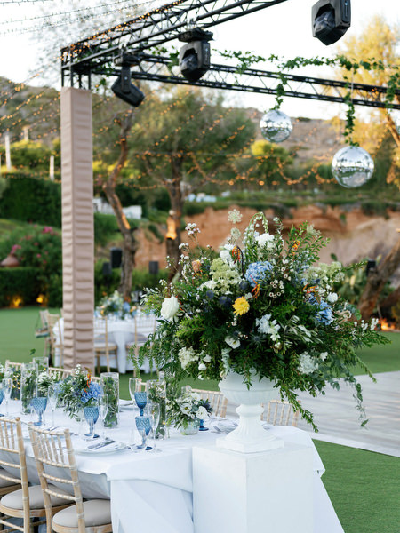 Reception floral installation at Island Resort, luxury Athens destination wedding reception setup.