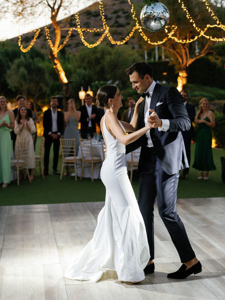 Intimate first dance at Island Resort, luxury Athens destination wedding reception in Greece.