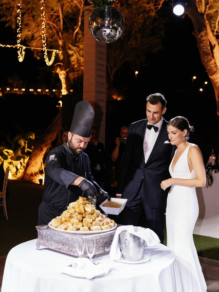 Wedding dessert presentation at Island Resort, elegant Athens Riviera seaside wedding.