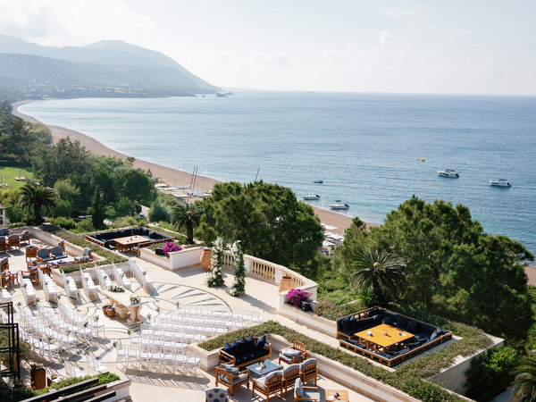 Aerial view of Anassa Hotel ceremony terrace overlooking the Mediterranean Sea in Cyprus.
