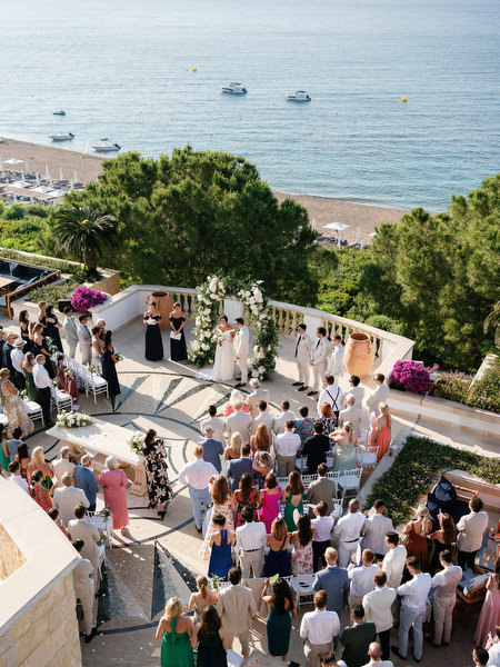 Overhead view of Anassa Hotel ceremony terrace overlooking Mediterranean Sea.
