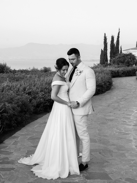 Black and white portrait of bride and groom at Anassa Hotel Cyprus.