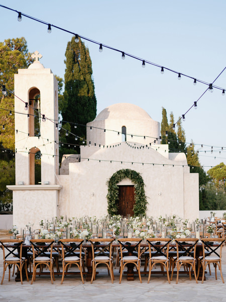 Chapel reception setup with string lights at Anassa Hotel Cyprus.
