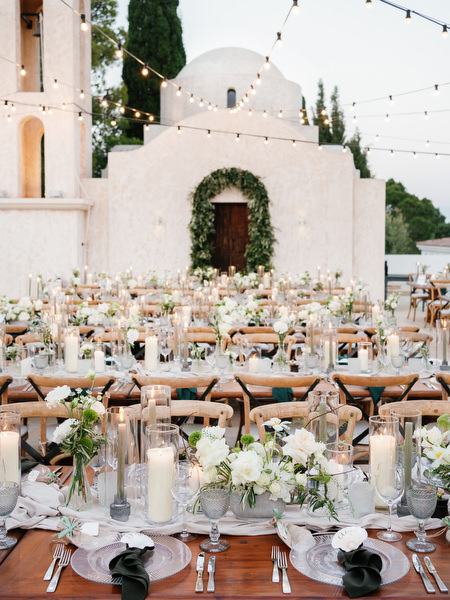 Chapel courtyard reception setup with string lights at Anassa Hotel Cyprus.