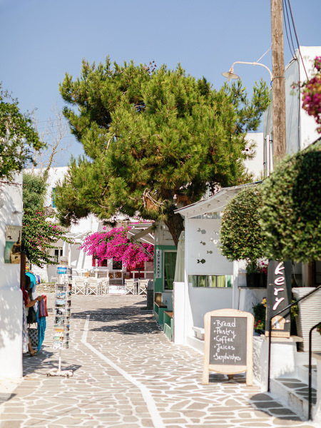 Traditional whitewashed street in Antiparos village, Greece.