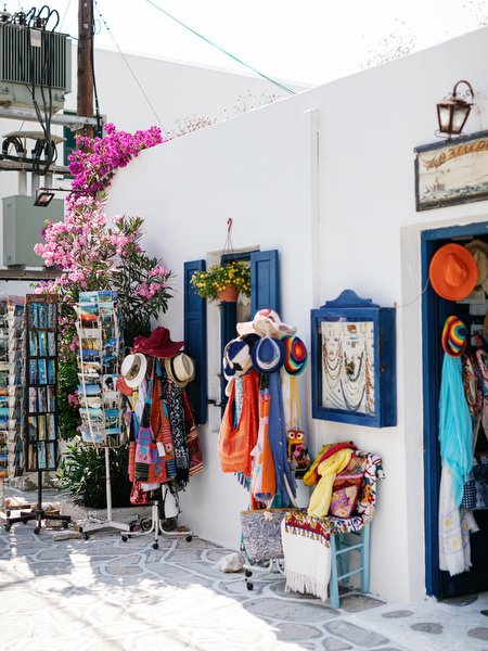 Colourful shop in Antiparos village during destination wedding in Greece.