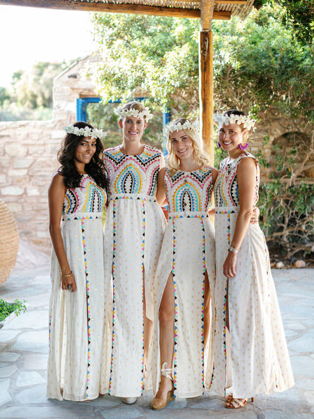 Bridesmaids wearing matching dresses at Antiparos wedding celebration.