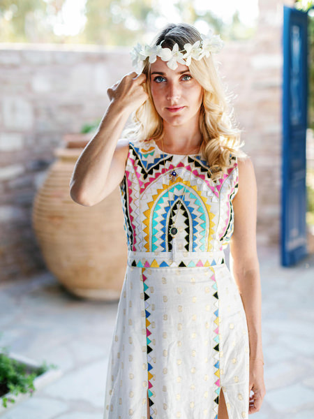 Bridesmaid portrait during Antiparos destination wedding preparations.