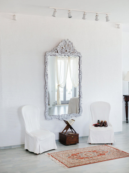 Minimal groom preparation room in Antiparos wedding venue.