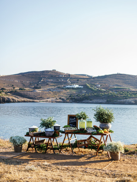 Cliffside wedding setup overlooking the sea in Antiparos.