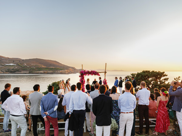 Sunset wedding ceremony overlooking the Aegean Sea in Antiparos.