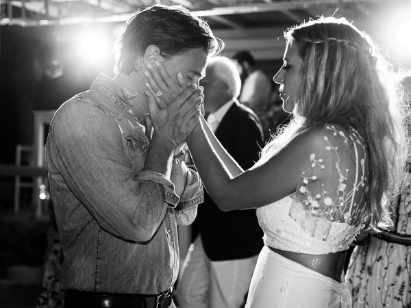 Emotional moment between bride and groom during Antiparos reception.