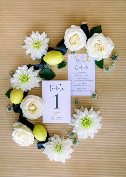 Wedding invitation flat lay with lemons at Antiparos wedding.