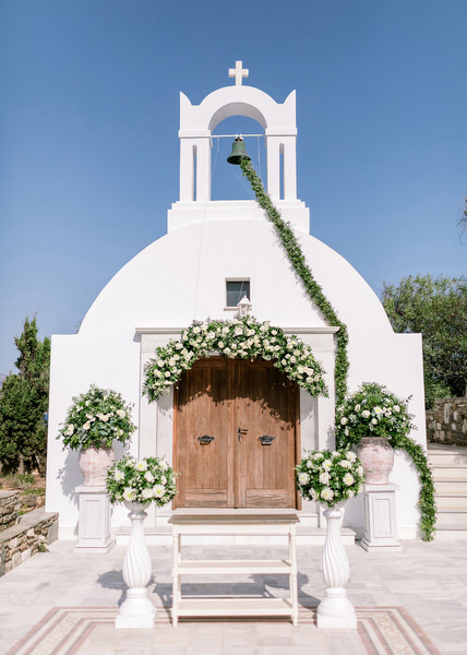 Decorated Greek chapel at Antiparos destination wedding.