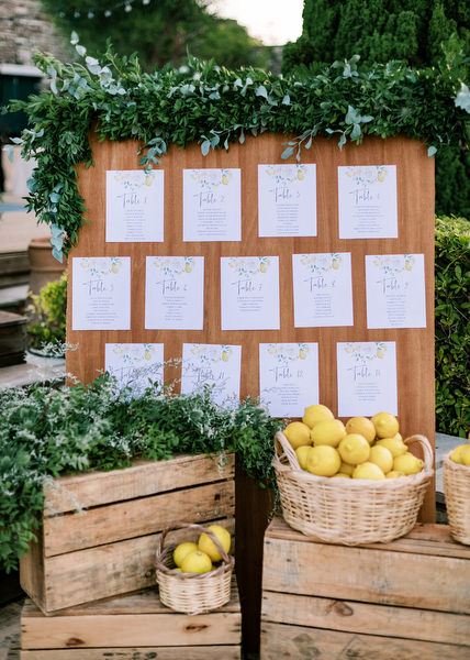 Lemon seating chart at Antiparos wedding reception.