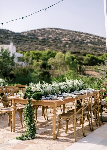 Outdoor wedding dinner setup at Villa Berenice Antiparos.