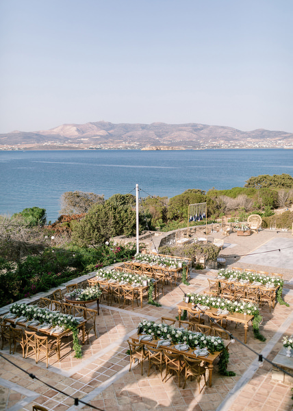 Alfresco wedding reception with sea view in Antiparos.