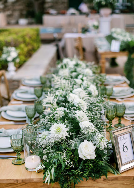 Outdoor wedding dinner setup at Villa Berenice Antiparos.