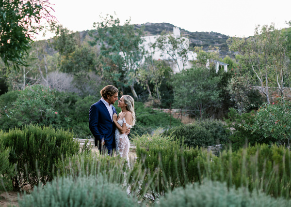 Antiparos Greek island wedding portrait at sunset.