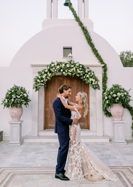 Antiparos Greek island wedding portrait at sunset.