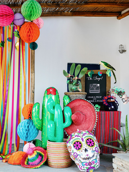Mexican-themed pre-wedding decor with vibrant colors in Antiparos