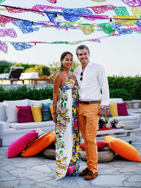 Couple arriving at Mexican fiesta pre-wedding party in Antiparos