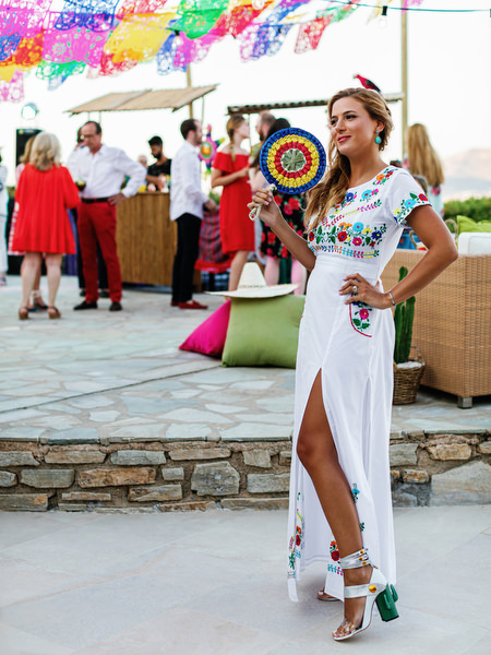 Bride Alexandra Lowell at Mexican fiesta pre-wedding party in Antiparos