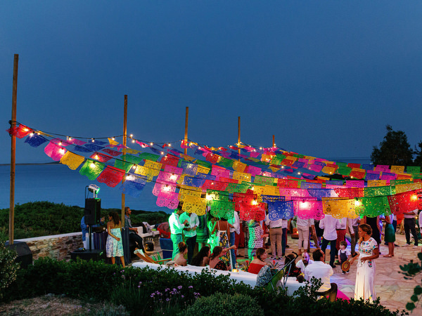 Colorful Antiparos pre-wedding fiesta venue at night