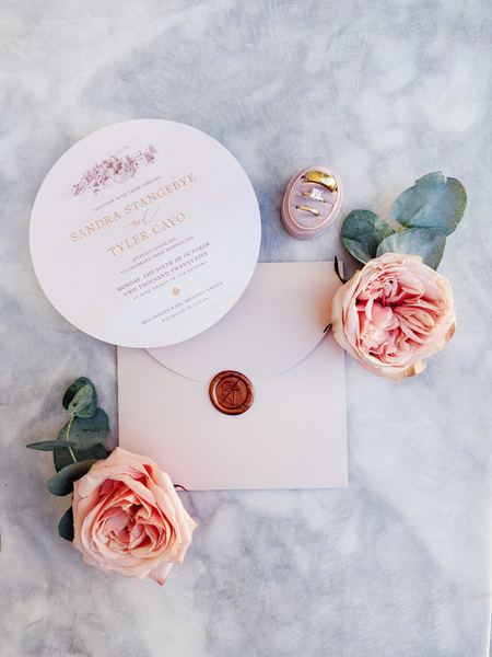 Elegant wedding invitation suite for Aria Estate destination wedding