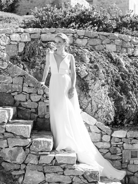Bridal portrait on Aria Estate stone steps in Greece