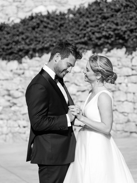 Black-and-white first look moment at Aria Estate wedding