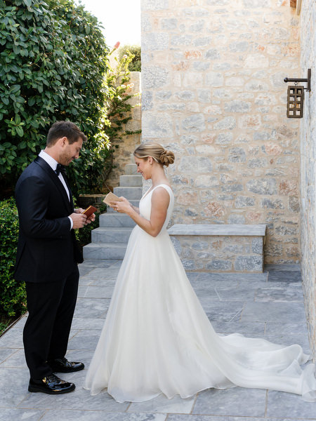 Private vow exchange at Aria Estate wedding in the Peloponnese