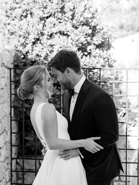 Black-and-white intimate portrait at Aria Estate wedding