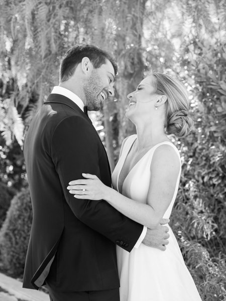 Black-and-white couple portrait at Aria Estate wedding in Greece