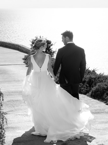 Black-and-white destination wedding portrait at Aria Estate Greece