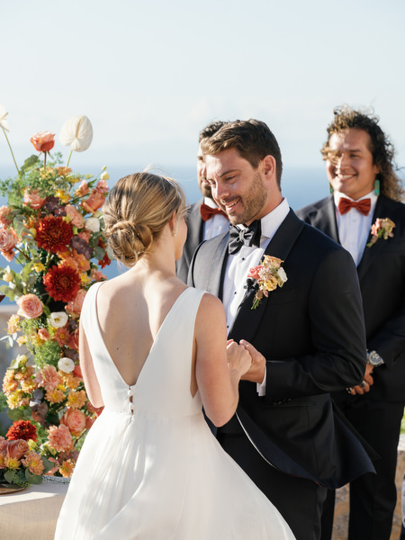 Bride and groom exchanging vows at Aria Estate in the Peloponnese