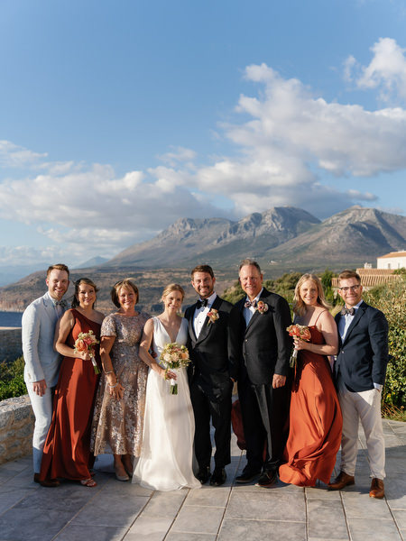 Family portrait at Aria Estate wedding terrace in the Peloponnese