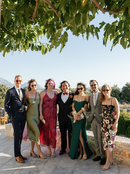 Wedding guests group portrait at Aria Estate with mountain views