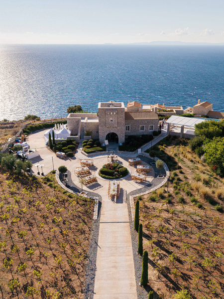 Aerial view of Aria Estate wedding venue overlooking the Mediterranean Sea in the Peloponnese