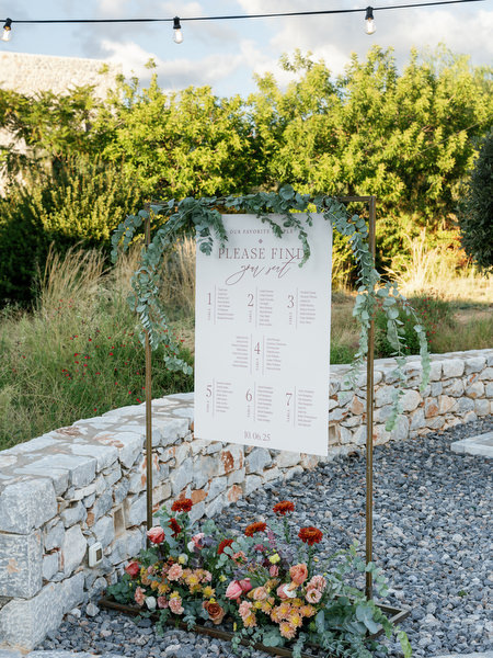 Wedding seating chart display at Aria Estate reception in Greece